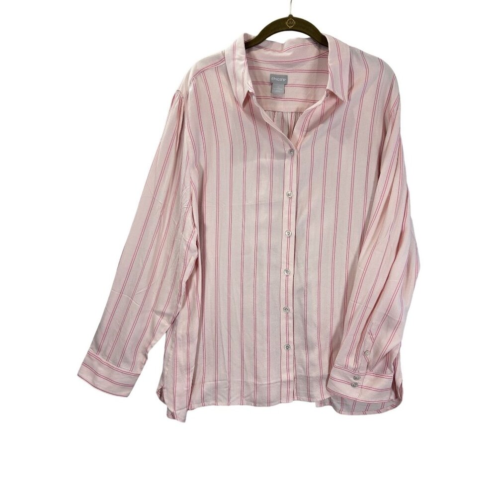 Chicos Womens Pink & White Striped Button-Down Shirt Size 4 (20/22) 100% Rayon